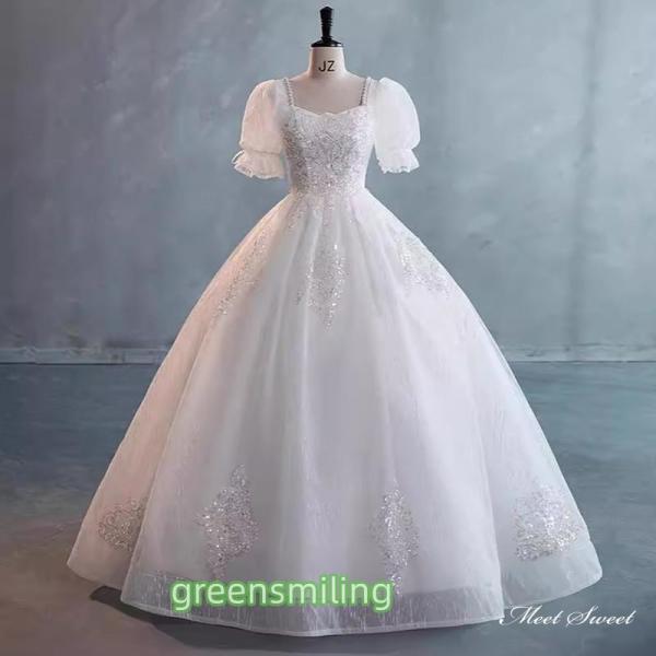 ウェディングドレス ロングドレス プリンセスラインドレス 半袖 パフスリーブ 二次会 結婚式 前撮り 花嫁 ウエディングドレス チュール 挙式 ブライダル｜福和貿易　第二店