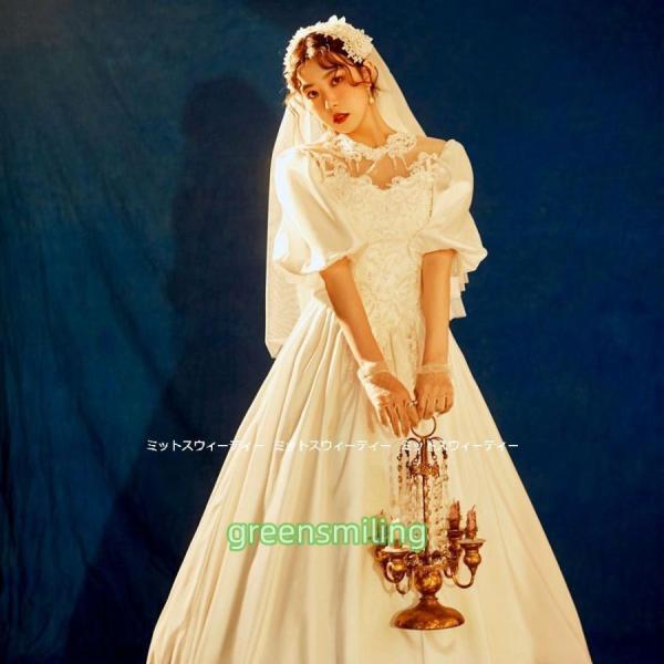 ウエディングドレス レトロドレス 花嫁 レース サテン 白 昭和風 前撮り フォトウェディング 結婚式 リゾート婚 ブライダル お誕生日 Aラインドレス 写真 式場|福和貿易 第二店