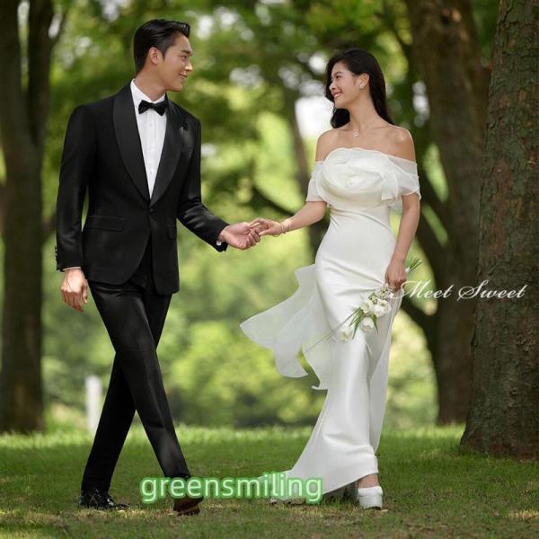 ウェディングドレス ウエディングドレス オフショルダー 二次会 結婚式 前撮り ブライダル ロングドレス 花嫁 スレンダードレス マーメイドラインドレス サテン