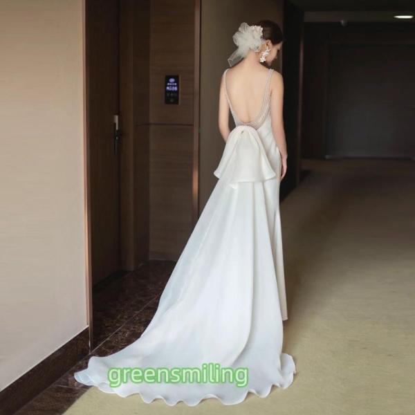 ウェディングドレス ウエディングドレス 二次会 結婚式 前撮り ブライダル ロングドレス 花嫁 スレンダードレス リボン パールキャミソール サテン バックレス｜福和貿易　第二店
