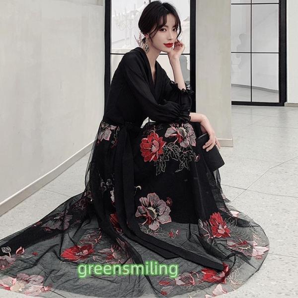 カラードレス パーティードレス イブニングドレス Aラインドレス 黒 花柄 長袖 Vネック フォーマルドレス カクテルドレス 発表会 演奏会 ブラック ゲストドレス｜福和貿易　第二店