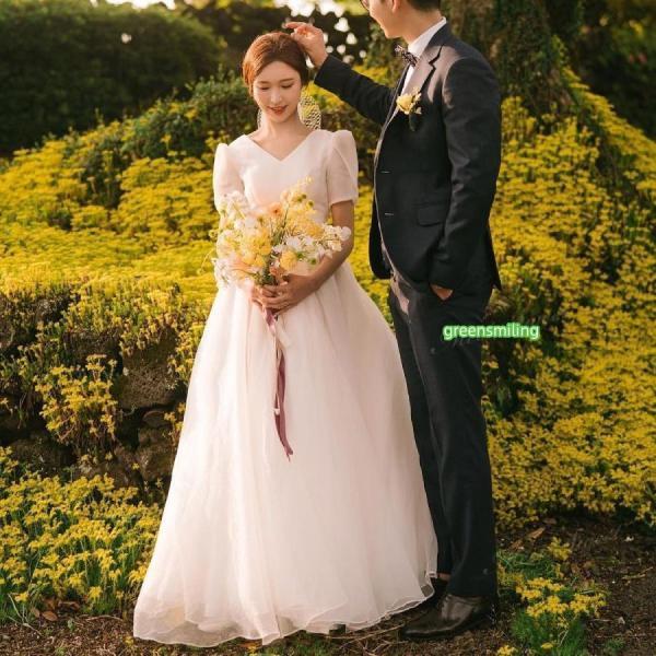 ウェディングドレス 半袖 ふんわり Vネック ロングドレス Aライン ロング 二次会 結婚式 披露宴 前撮り 後撮り 発表会 花嫁 ウエディングドレス 花嫁ドレス｜福和貿易　第二店
