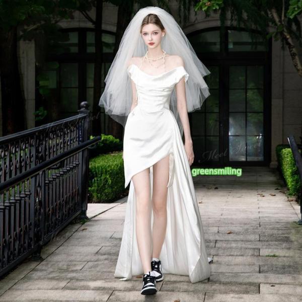 ウェディングドレス ミニ ショート丈 ミニドレス 二次会 結婚式 前撮り 発表会 花嫁 ウエディングドレス オフショルダー 前短後長ドレス フィッシュテールドレス 8,917円