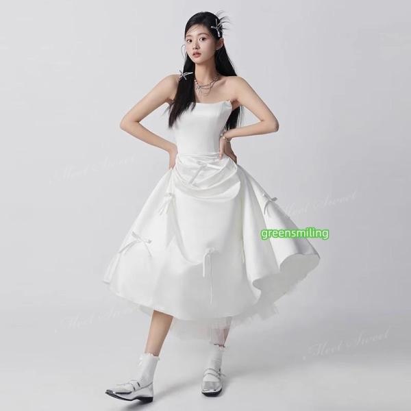 ウェディングドレス マキシドレス リボン ベアトップ マキシ丈 Aライン ロング 二次会 結婚式 披露宴 前撮り 後撮り 発表会 花嫁 ウエディングドレス 花嫁ドレス