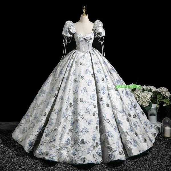 カラードレス グレー 花柄 ジャガード 半袖 演奏会 発表会 二次会 花嫁 ウエディングドレス ウェディングドレス ロングドレス Aラインドレス プリンセスドレス