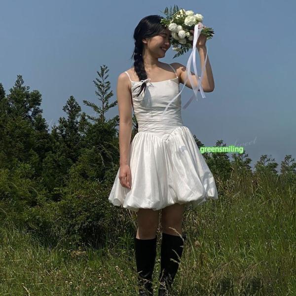 ウェディングドレス ミニ ショート丈 ミニドレス バルーン サテン 二次会 結婚式 前撮り 発表会 花嫁 ウエディングドレス ショートドレス