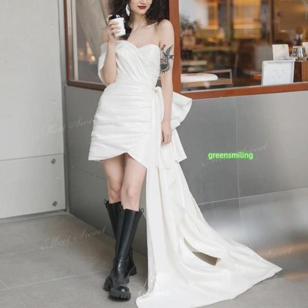 ウェディングドレス ミニ ショート丈 ミニドレス ワンショルダー 二次会 結婚式 前撮り 発表会 花嫁 ウエディングドレス 個性 ショートドレス