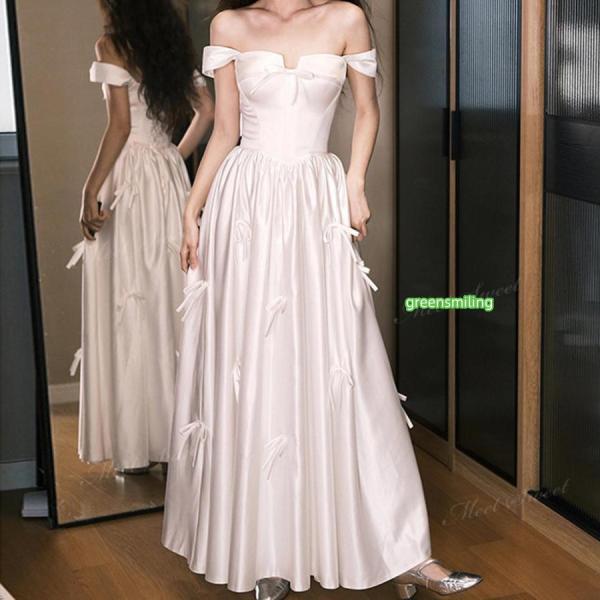 ウェディングドレス オフショルダー サテン リボン ロングドレス Aライン ロング 二次会 結婚式 披露宴 前撮り 発表会 花嫁 ウエディングドレス 花嫁ドレス｜福和貿易　第二店
