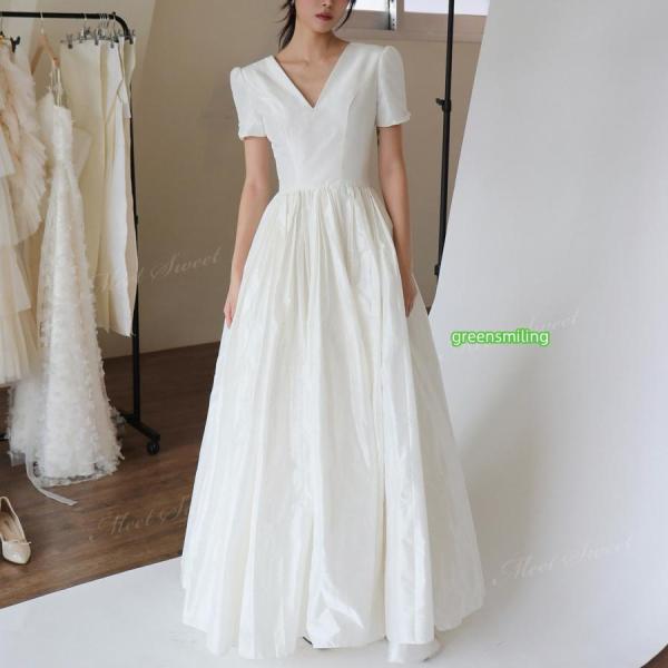 ウェディングドレス タフタ 半袖 Vネック シンプルデザイン 韓国風 Aライン ロング 二次会 結婚式 披露宴 前撮り 発表会 花嫁 ウエディングドレス 花嫁ドレス