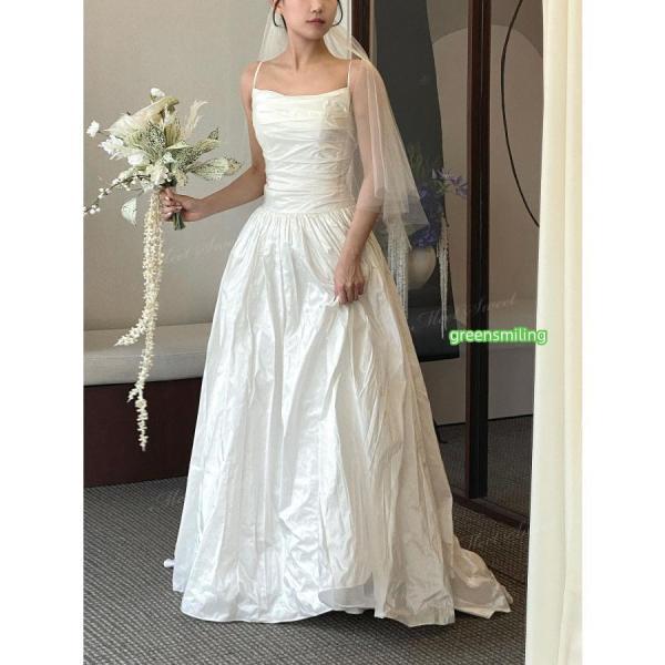 ウェディングドレス タフタ ノースリーブ 光沢 着痩せ ファスナー Aライン ロング 二次会 結婚式 披露宴 前撮り 発表会 花嫁 ウエディングドレス 花嫁ドレス