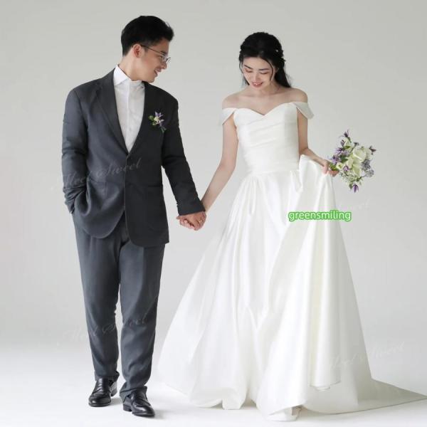 ウェディングドレス オフショルダー サテン ホワイト Aライン 二次会 結婚式 披露宴 前撮り 後撮り 発表会 花嫁 ウエディングドレス リゾートウェディング