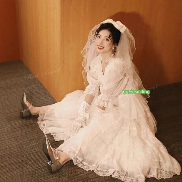 ウェディングドレス レース フリル レトロ 昭和風 パフスリーブ Aライン ロング 二次会 結婚式 披露宴 前撮り 発表会 花嫁 ウエディングドレス 花嫁ドレス