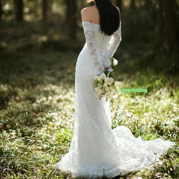 ウェディングドレス オフショルダー 長袖 総レース マーメイド サテン ロング 二次会 結婚式 披露宴 前撮り 後撮り 発表会 花嫁 ウエディングドレス エレガント