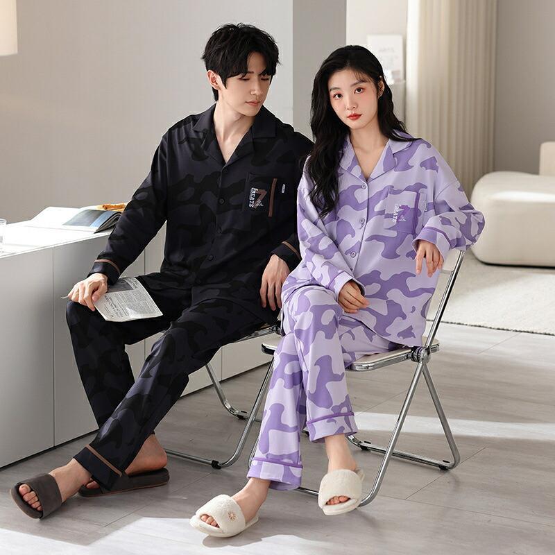 ペア パジャマ 長袖 男女2着 セット 綿100％ シンプル 可愛い ゆったり 前開き カップル 春 秋 長袖トップス ロングパンツ ルームウェア 冬 コットン ギフト