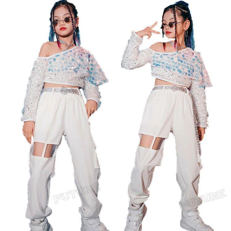 キッズダンスお召しもの セットアップ 白 キッズ 御姉さん お臍出し トップス 社交ダンスお召しもの スパンコール キッズダンスお召しもの 御居処跳ねる キラキラ 長袖 白ズボン下 カーゴパ