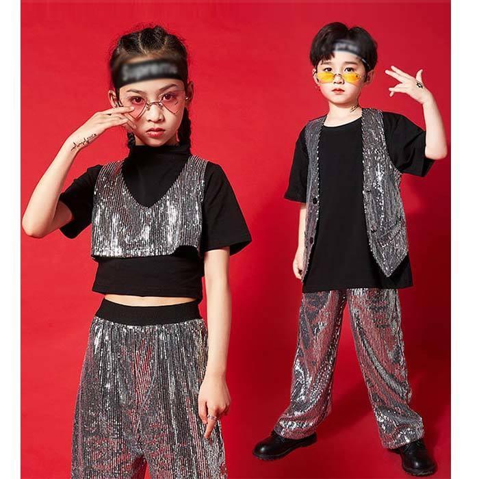 キッズダンス衣装 ジャズダンス スパンコール ヒップホップ ステージ衣装 キッズ トップス シャツ ベスト パンツ ダンス 衣装 男の子 女の子 ストレートダンス