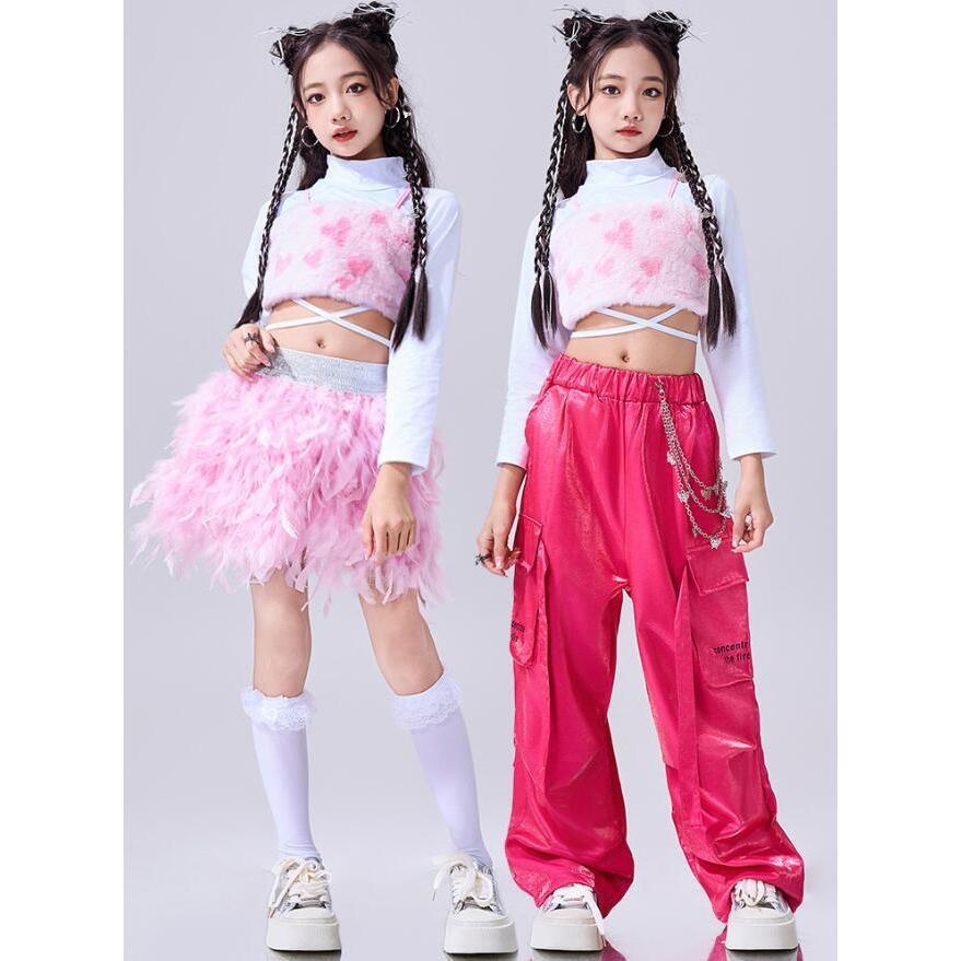 キッズ ダンス衣装 ジャズダンス jazz HIPHOP ヒップホップ 上下セット 女の子 韓国k-pop もふもふ ピンク ローズ ベスト長袖Tシャツ トップス スカート カーゴ