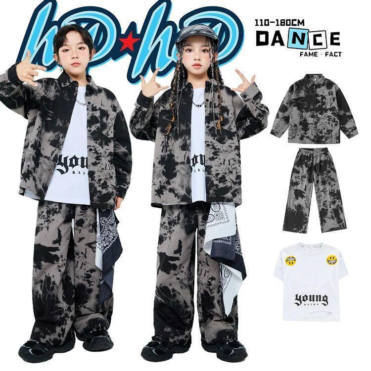 キッズ 社交ダンスお召しもの 表どおり社交ダンス 御姉さん お坊っちゃん タイダイ セットアップ 厚地の外套大きさ バンダナ 上衣 薄墨色 カーゴパンツ 広広としたズボン下 白 ロンT ヒ