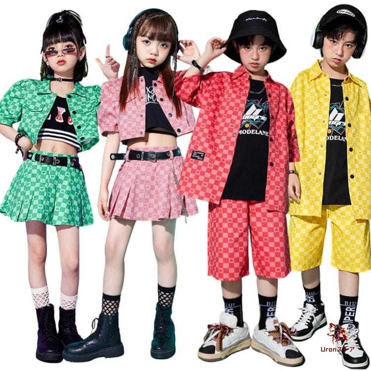 キッズダンス 衣装 チェック セットアップ ピンク レッド イエロー グリーン 四色 トップス スーツ 短パン スカート 韓国 ステージ衣装hiphop おしゃれ 子供服
