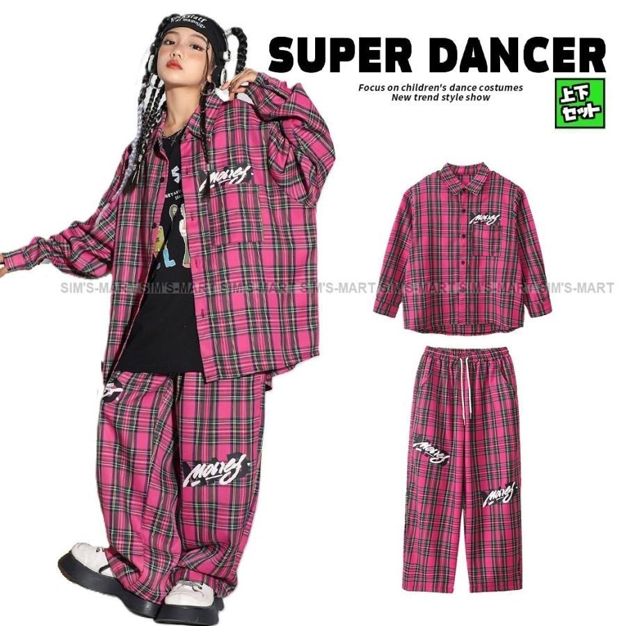 キッズダンス衣装 セットアップ チェックシャツ チェックパンツ ヒップホップ 衣装 子供ダンス服 派手 男の子 ガールズ 韓国 K-POP ピンク|福和貿易 第二店