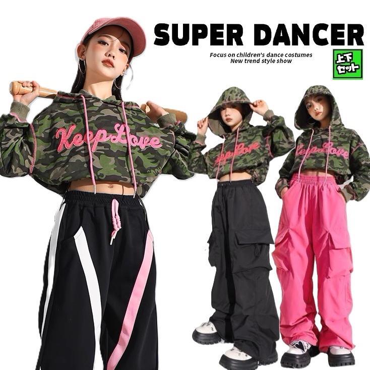 キッズダンスお召しもの セットアップ 御居処跳ねる 社交ダンスお召しもの ガールズ 偽装 お臍出しトップス パーカー パラシュートカーゴパンツ K-POP 韓国 カーキ 黒 サクラ色
