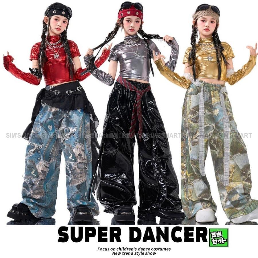キッズダンス衣装 セットアップ ヒップホップ 衣装 K-POP 韓国 ガールズ 光沢 メタリック トップス デニムパンツ レッド シルバー ゴールド ブラック|福和貿易 第二店