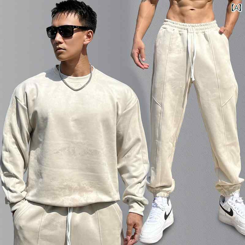 スエード スポーツ スーツ 長袖 パンツ 丸首 秋冬 トレーナー Tシャツ フィットネス アメリカ トレンド 筋トレ