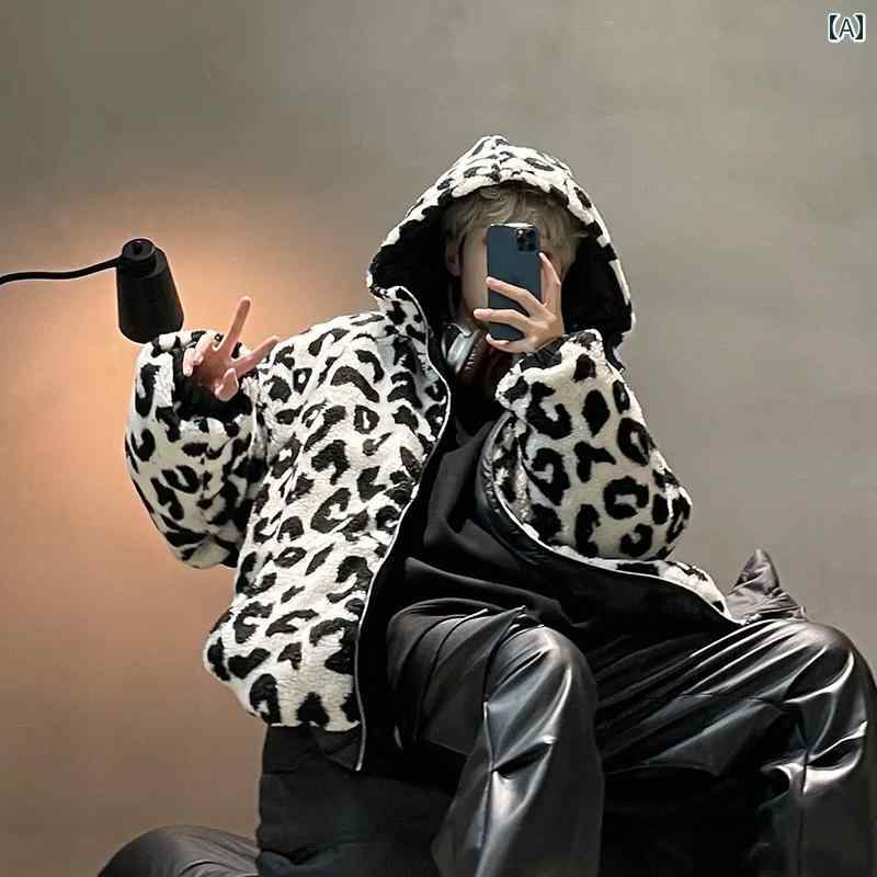 成人男性用 Y2K 厚地の外套 両面 リヴァーシブル ボンネット付き添い人 ヒョウ柄 レオパード 前掛け ジップアップ 上衣 アウター メンズ 秋冬 御機嫌エン