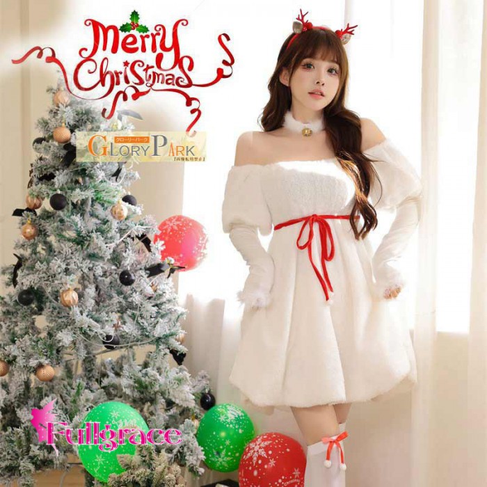 【4点セット】サンタ コスプレ オフショルダー ワンピース X'mas バービー サンタ 白 サンタコス 超かわいい クリスマス 雪だるま ホワイト パーティー イベント 仮装 可愛い クリスマス衣装