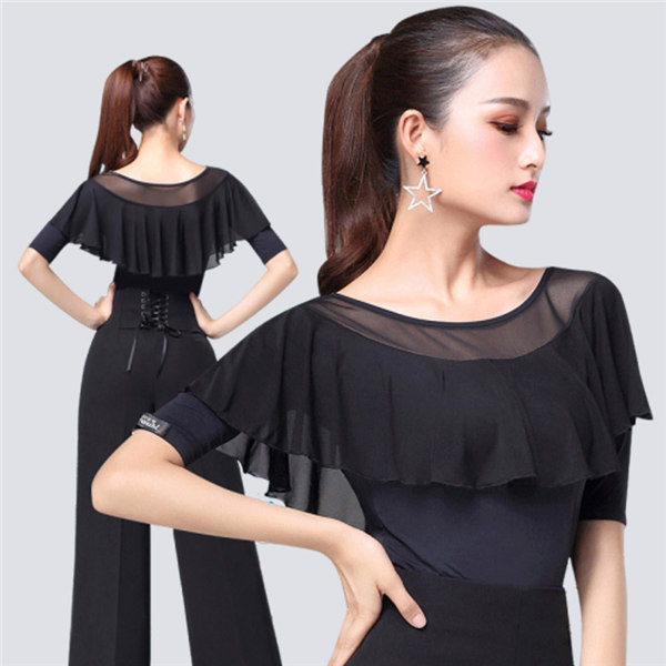 社交ダンス　スタンダード　ラテン　トップス Lサイズ【c593】社交ダンストップス レース斜め切替 ブラック