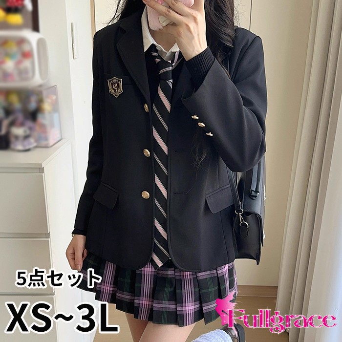 卒業式 入学式 スーツ レディース 中学生 高校生 大学生 制服風 5点セット ブレザー シャツ ネクタイ カーディガン プリーツスカート 上下セット チェック柄 スクール 学生 式典 通学 写真撮影 XS S M L LL 3L ブラック