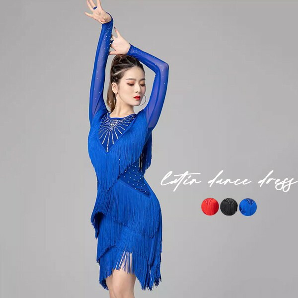 社交ダンス ラテンドレス 社交ダンス ワンピース ダンス衣装 演技服 ワンピース 透け感 装飾あり 練習着 長袖 ワルツ チャチャチャ ラテン ステージ衣装 演出着 演出用 フリンジ as016s1_1.jpg