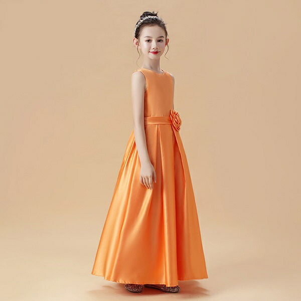 人気ショップが最安値挑戦 子供ドレス キッズドレス ピアノ発表会 ドレス 160 中学生 ワンピース 子供 ドレス ピアノ 女の子 フラワーガール ノースリーブ Aライン プリーツ お花付き ロングドレス プリンセスドレス オレンジ パーティードレス 結婚式 七五三