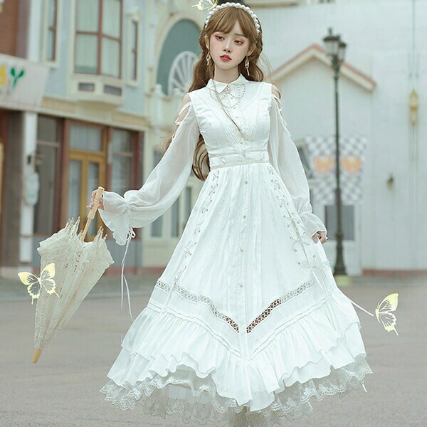 送料0円 ロリータ ゴスロリ レディース S 3xl ロリィタワンピース ロリータ ワンピース パーティ Aライン 3xl ロリィタワンピース イベント レディース ロング丈 ゴスロリ ワンピース オープンショルダー レースアップ 編み上げ 透け感 ホワイト レース フリル