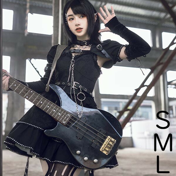 ロリータ ゴシック ゴスロリ ワンピース Aライン Lolita つけ袖 パフスリーブ レース フリル 半袖 黒 可愛い かわいい アイドル衣装 バンド ショート丈 レディース コスチューム 仮装 ハロウィン 学園祭 文化祭 dg304t2t2g5｜フルグレース