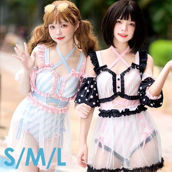 ロリータ風ワンピース 姫系 オフショルダー レース 花柄 リボン ピンク/白 ロリータ風ワンピース 姫系 オフショルダー レース 花柄 リボン