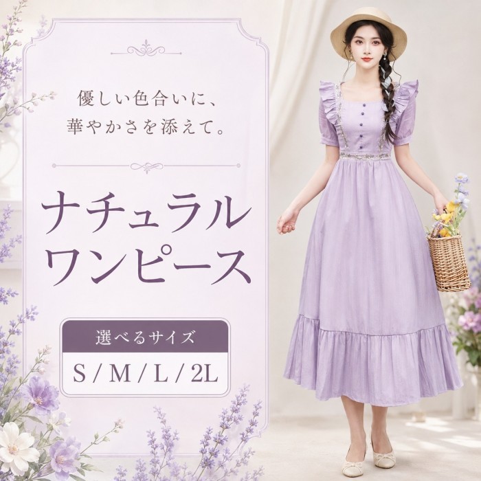 衣裳 甘くて好いたらしい ロリータ フレンチスイート風 レディース ラベンダー 小フラウンス袖 真四角のど首 酉の方角締め付け ロング丈 A伝達ルート 自然的 夏用 お出かけ 会う約束 S～2L nd043x0x0c6