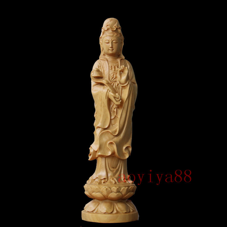 高級天然ツゲ 【縁起仏像：如意観音菩薩】 置物 柘植製高級木彫り 21cm木製手彫り 開運祈願 厄除け 風水 祈る 純手工彫刻 精密彫刻