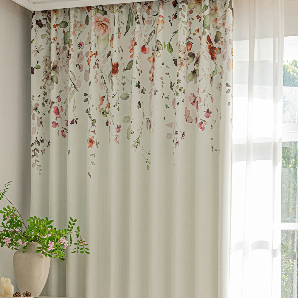 楽天市場】上部花柄 カーテン 2枚セット 上部だけに入るフワラー柄