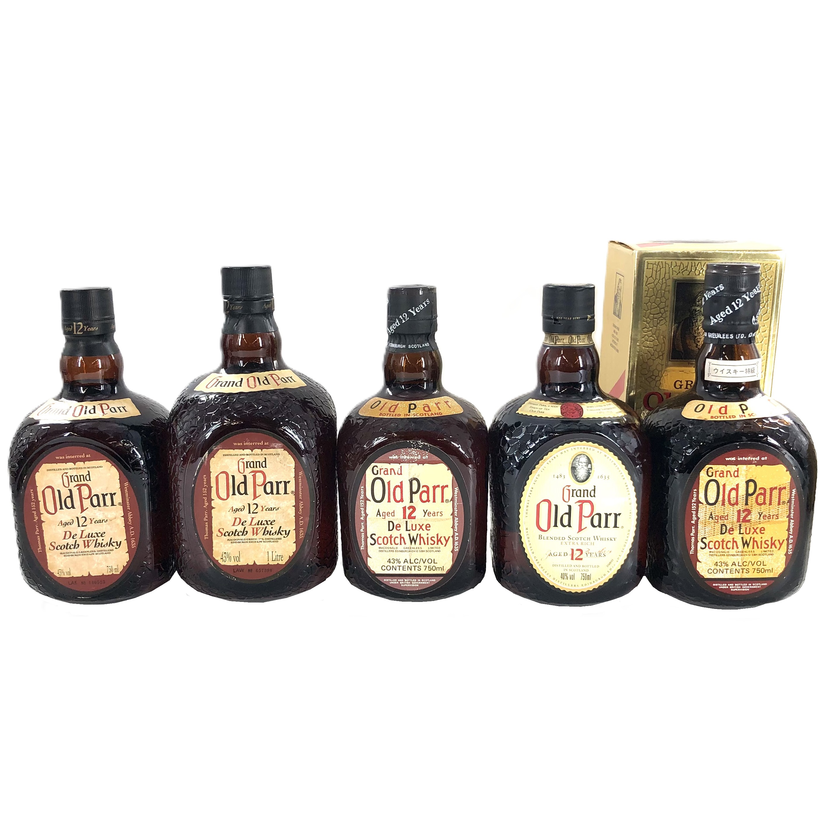 【中古】Old Parr オールドパー 12年 デラックス エクストラリッチ ブレンデッドスコッチウイスキー 750ml 1000ml 43% 40% 箱付 5本【WI-538】 17,136円