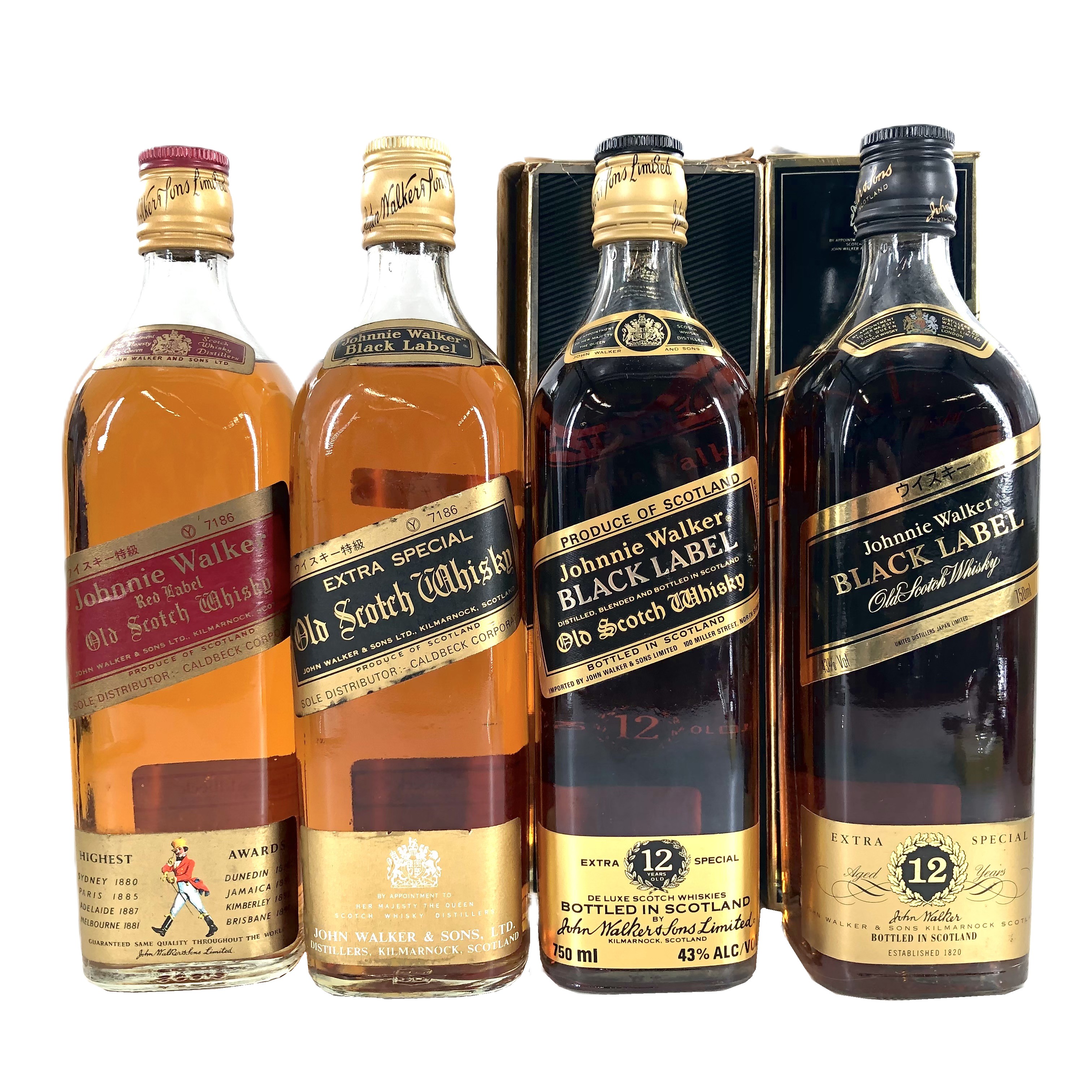 【中古】Johnnie Walker ジョニーウォーカー レッドラベル ブラックラベル 12年 エクストラスペシャル 黒 黒金 金キャップ ブレンデッドスコッチウイスキー 750ml 760ml 43% 箱付 4本【SK-55】