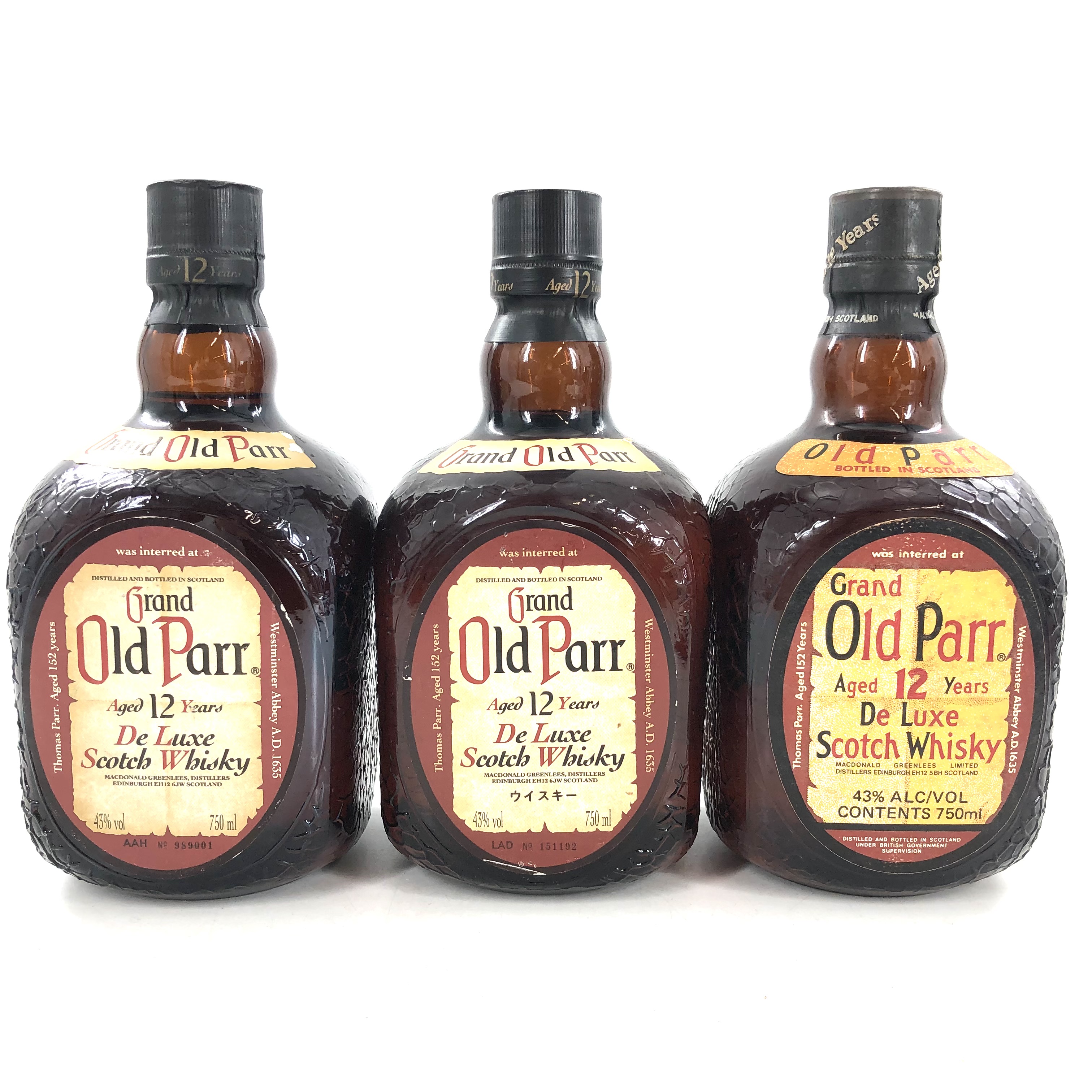 【未開栓】GRAND Old Parr 12年 オールドパー 3本 旧750ml 未開栓 Grand Old Parr オールドパー 陶器ボトル スコッチ