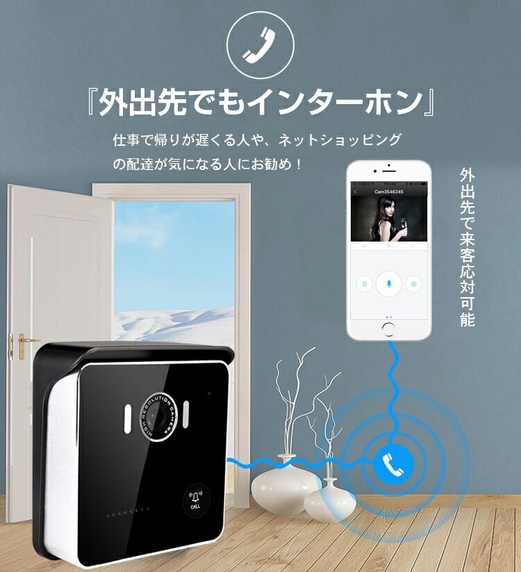 楽天市場 どこでもインターホン スマホ来客対応 無線インターホン モーションセンサー防犯機能 Wifi接続対応 ドアモニター App遠隔監視 ナイトビジョン対応 Csy915 ファンライフ楽天市場店