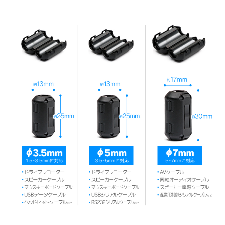 楽天市場 10個セット ノイズ抑制フィルター F3 5mm 5mm 7mmの3種類 ノイズ抑制 安定伝送 地デジ干渉 カーナビ干渉などに 取付簡単 Ufcset10 ファンライフ楽天市場店