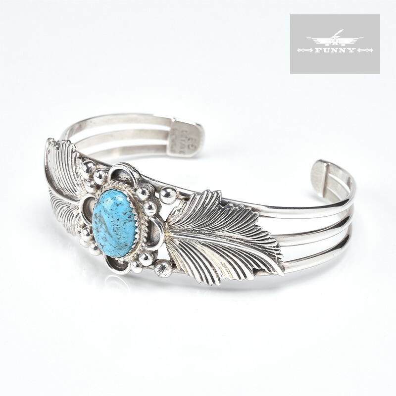 超格安価格 Funny公式ストア ナバホ族 ジョージ ビゲイ フェザー ターコイズ ブレスレット 内周 14 8cm インディアンジュエリー スターリングシルバー シルバー925 バングル 天然石 トルコ石 メンズ レディース アクセサリー プレゼント シルバージュエリー ファニー