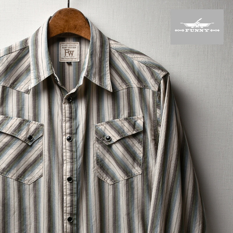 【FUNNY公式ストア】 ファニーオリジナル ウエスタンシャツ VINTAGE MULTI STRIPES [Vintage Blue] 綿 スナップボタン 日本製 メンズシャツ 長袖 カジュアル 2409-8