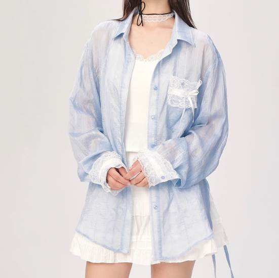 シアーシャツ レディース トップス シャツ 長袖 襟付き レース リボン 前開き かわいい おしゃれ ガーリー 存在感 抜け感 ラブリー キュート ロリータ プリンセス ロマンティック 無地 春 夏 秋 ロングシーズン デート お出かけ リゾート 旅行 海 ビーチ 公園 女子会 7,875円