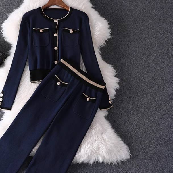 2点セット レディース トップス パンツ ボトムス ニット セーター カーディガン セットアップ 前開き ロングパンツ ロング 長袖 ラウンドネック 襟なし 伸縮性 ボタン かわいい 大人可愛い きれいめ シンプル カジュアル 上品 おしゃれ かっこいい｜Funny Bunny