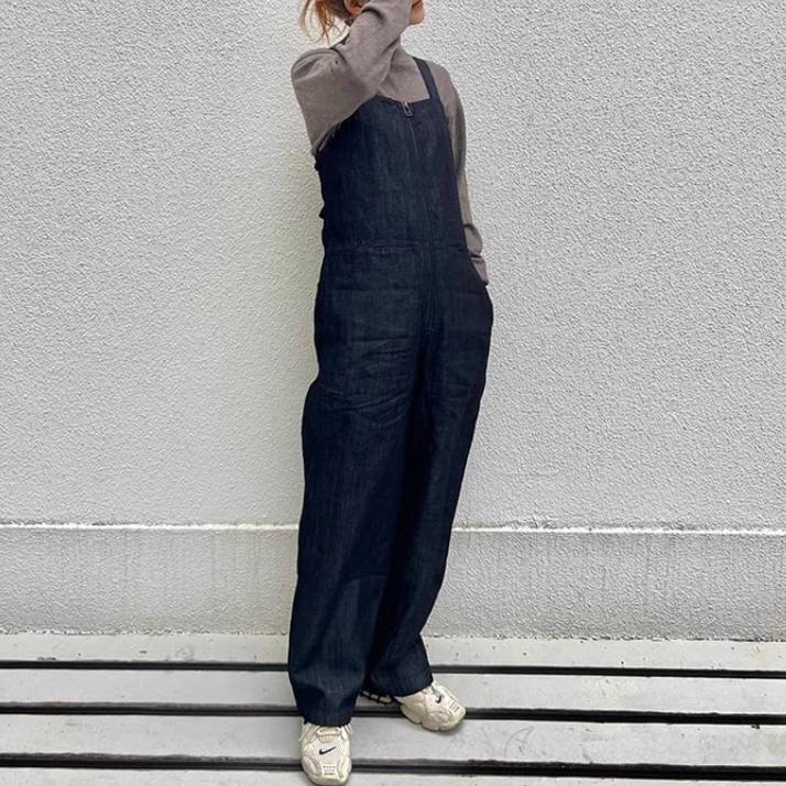 オーバーオール レディース パンツ ボトムス サロペット つなぎ ロングパンツ ロング 袖なし ノースリーブ ストレート ファスナー ポケット リネン コットン かわいい 大人可愛い きれいめ シンプル カジュアル おしゃれ かっこいい レトロ こなれ感|Funny Bunny