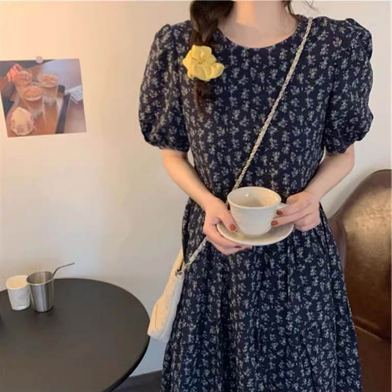 【FunnyBunny】 レディース ワンピース ロング ラウンドネック ハイウエスト 半袖 部活 20代 春 夏 大人可愛い 主役級 個性的 デート お出かけ 秋 パフスリーブ 学生 30代 存在感 学校 カジュアル きれいめ おしゃれ 花柄 10代 通学 小花
